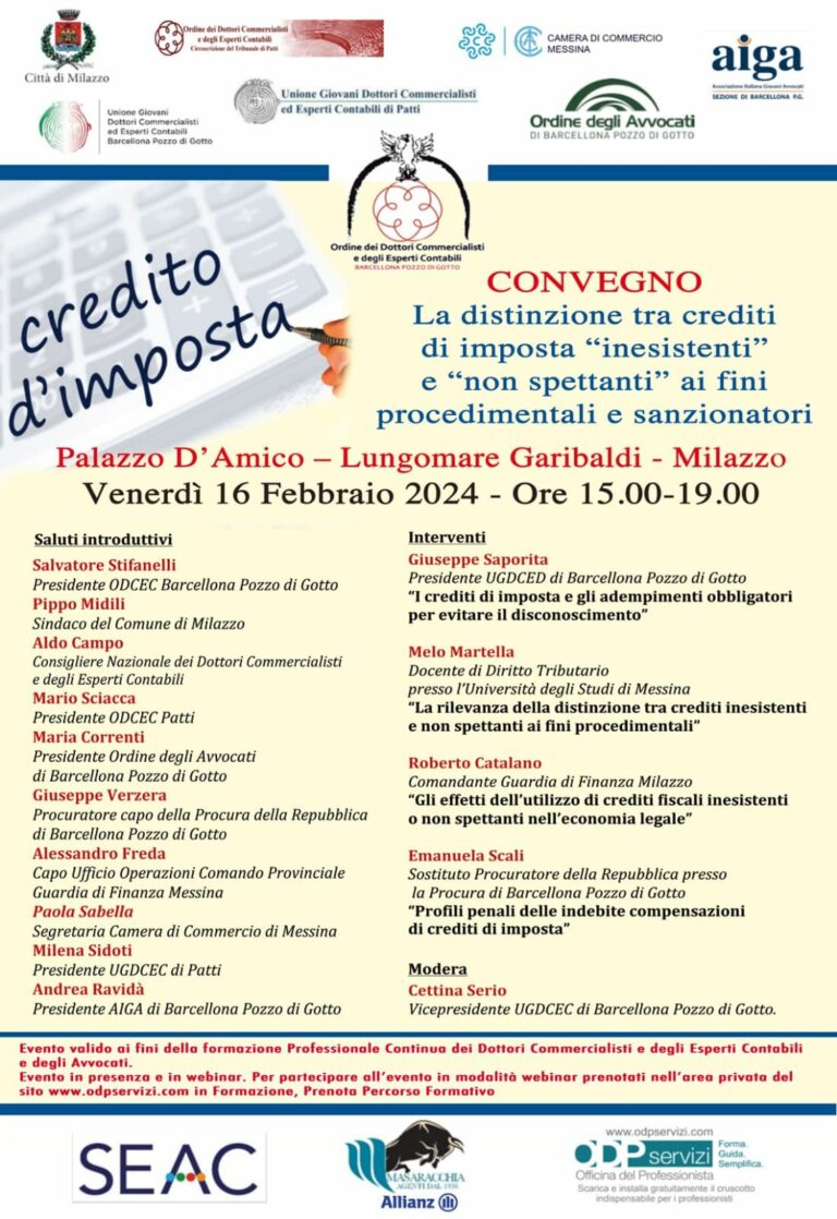 Palazzo D’Amico – Convegno “La legittimità dei crediti d’imposta ed i correlati riflessi sanzionatori”