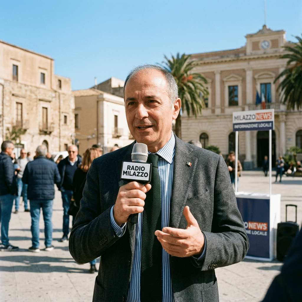 Reporter holding microphone labeled RADIO MILAZZO beside signs reading MILAZZO NEWS and INFORMAZIONE LOCALE